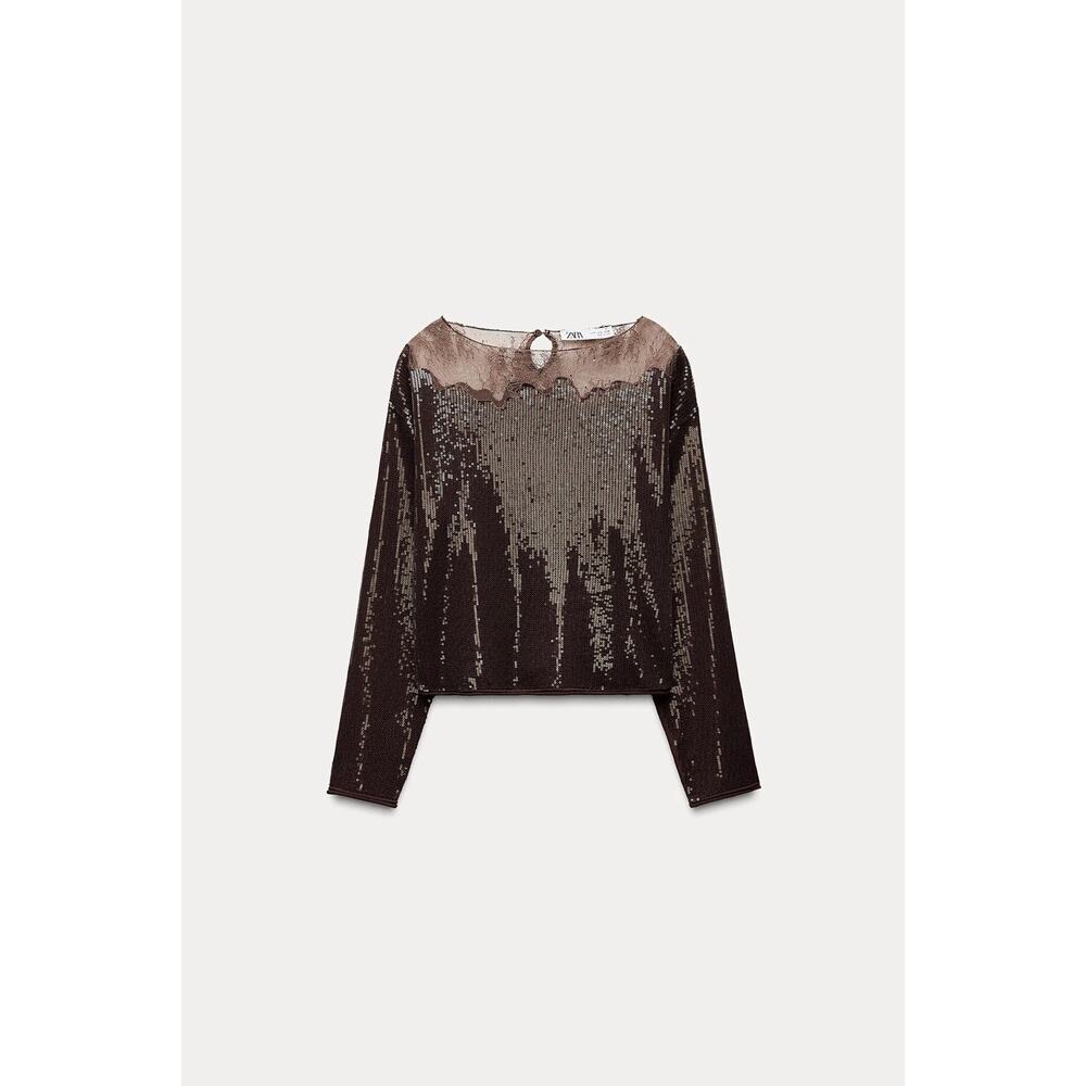 NWT Zara Sequin Lace Boat Neck Top Brown Shimmer Long Sleeve Blouse S - Picture 6 of 11